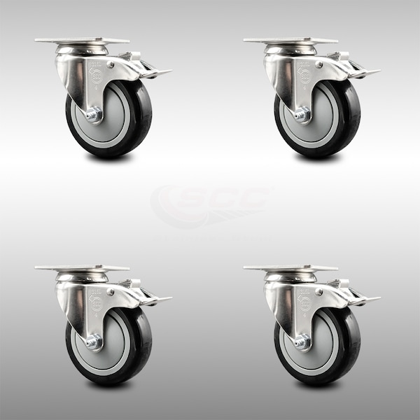4 Inch 316SS Black Polyurethane Swivel Top Plate Caster Set Total Lock Brake SCC